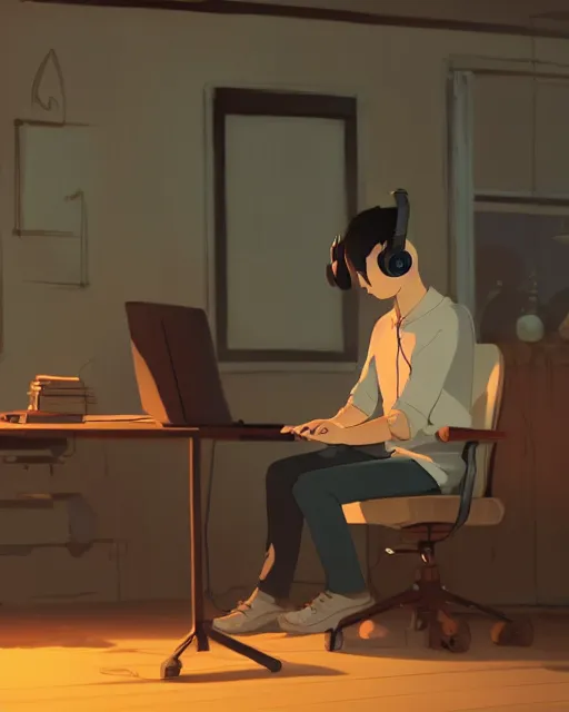 Image similar to man with headphones at his home studio producing music late at night, very detailed, 4 k, cory loftis, james gilleard, atey ghailan, makoto shinkai, goro fujita, studio ghibli, rim light, exquisite lighting, clear focus, very coherent