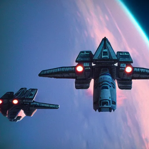 Image similar to Space Shuttle Challenger explosion, attacked by TIE fighters, cinematic, UHD, vivid colors