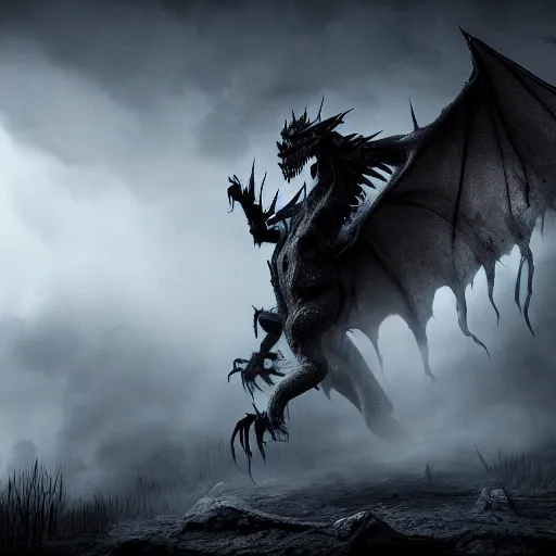 Image similar to a highly detailed horrific shot of a ghostly western dragon that's fading into black fog and deep dark obscure shadow, wings are clouds of darkness, four legs, creating an ominous presence of fear, artstation, deviantart, dark lighting, unreal engine 5 render