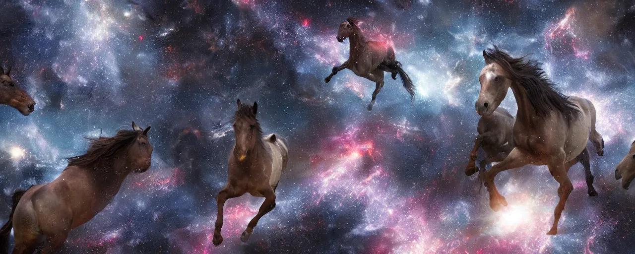 Image similar to hundreds of stampeding wild horses running through a galaxy, volumetric lighting,