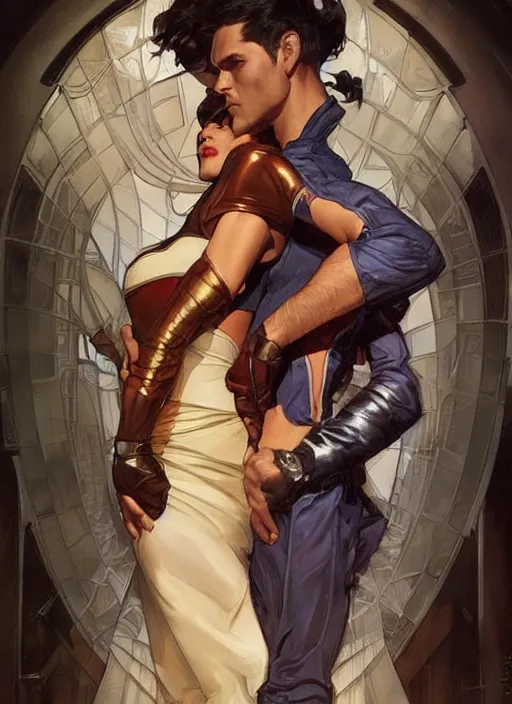 Prompt: a couple, a handsome man and a beautiful woman. they are dressed as superheroes. clean elegant painting, beautiful detailed face. by artgerm and greg rutkowski and alphonse mucha