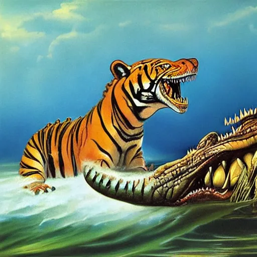 Prompt: a crocodile grabs onto a tigers leg at the edge of the water, by boris vallejo