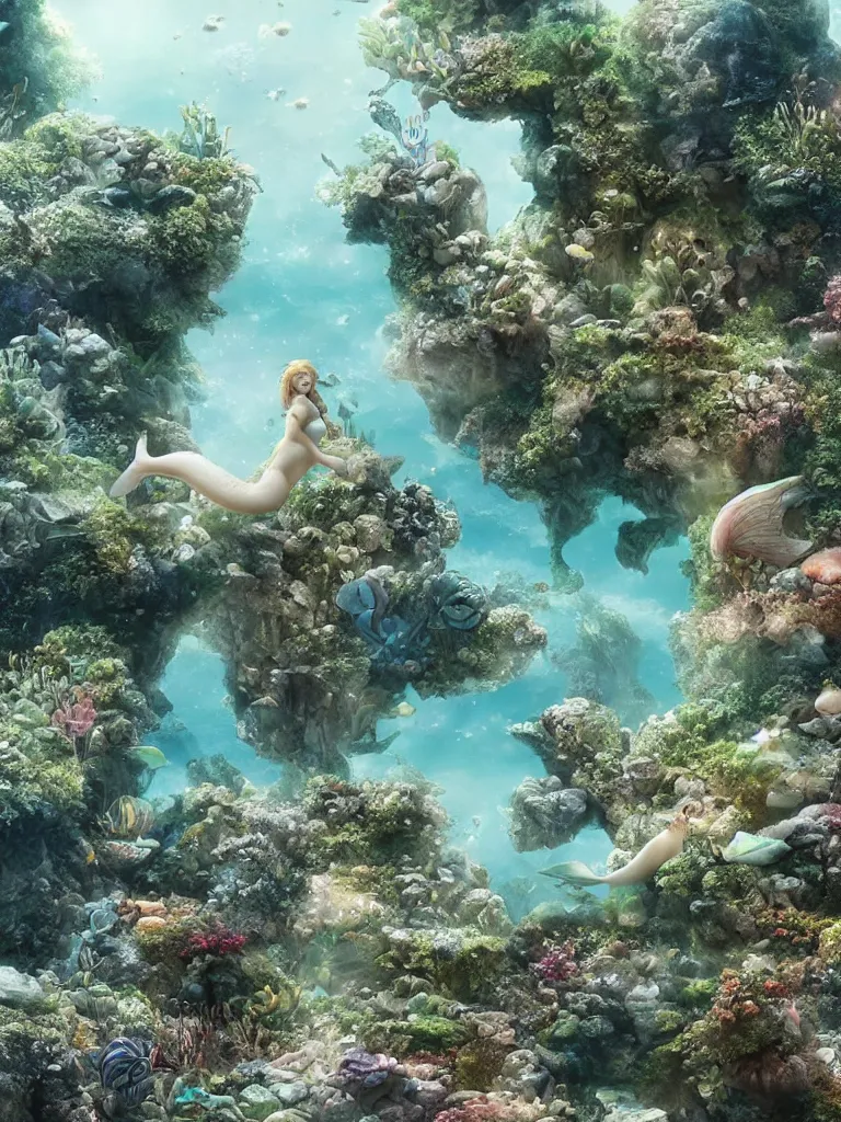 Image similar to partly underwater merpeople town made of rocks and sand, cute style garden, octane render, algae - trees, evergreen, patio, garden, wet atmosphere, tender, soft light misty yoshitaka amano, and artgerm