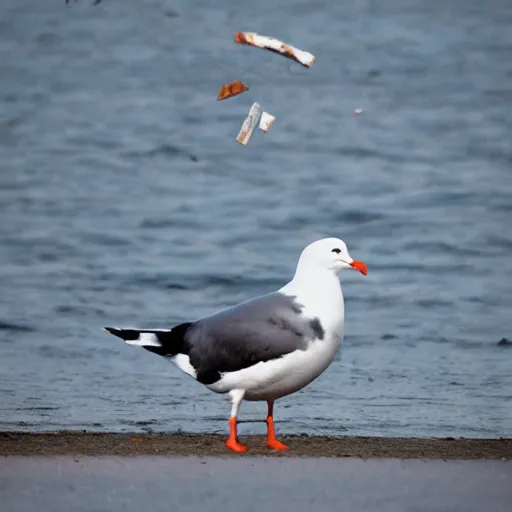 Prompt: a gull throwing a trash can, in the style of princess mononoke