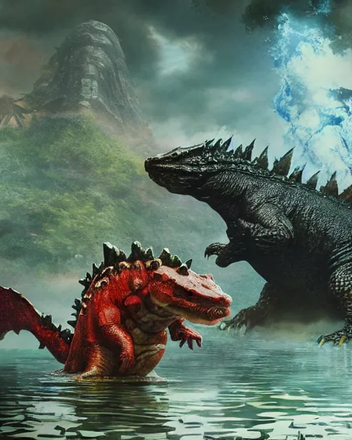 Godzilla-like game character giant kaiju sized pond | Stable Diffusion ...