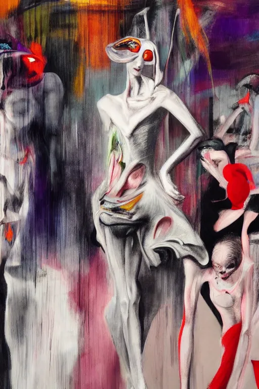 Image similar to crazy fashion catwalk, hauntingly surreal, highly detailed painting by francis bacon, edward hopper, adrian ghenie, gerhard richter, and james jean soft light 4 k,