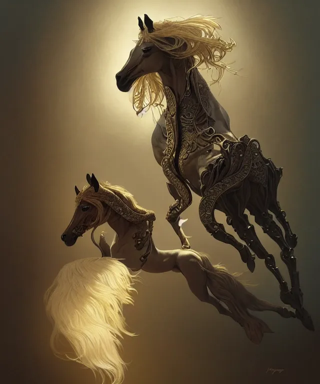 Prompt: anthropomorphic horse, fursona, trending on FurAffinity, dark surrealist , fantasy, intricate, elegant, highly detailed, digital painting, artstation, concept art, smooth, sharp focus, illustration, art by artgerm and greg rutkowski and alphonse mucha