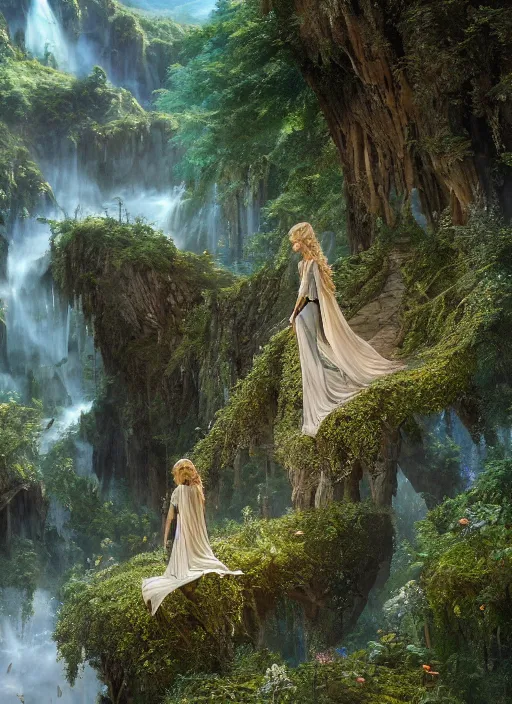 Image similar to an elven princess with wings of lace in the lord of the rings scenery landscape, looking out at a vast lush valley of fairy homes, flowers, sunrise, god's rays highly detailed, vivid color, cinematic lighting, perfect composition, 8 k, gustave dore, derek zabrocki, greg rutkowski, belsinski, octane render