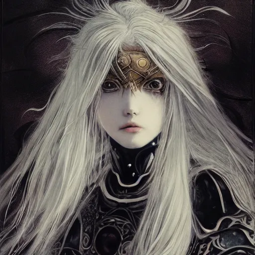 Image similar to Yoshitaka Amano realistic illustration of an anime girl with wavy white hair fluttering in the wind and cracks on her face wearing Elden ring armour with the cloak, abstract black and white patterns on the background, noisy film grain effect, highly detailed, Renaissance oil painting, weird portrait angle