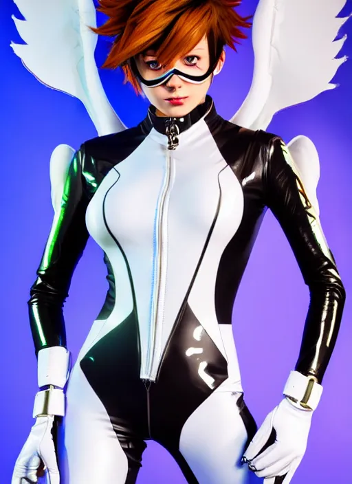 Image similar to portrait bust digital artwork of tracer overwatch, wearing white iridescent rainbow latex and leather straps catsuit outfit, 4 k, expressive happy smug expression, makeup, in style of mark arian, angel wings, wearing detailed black leather collar, chains, black leather harness, detailed face and eyes,
