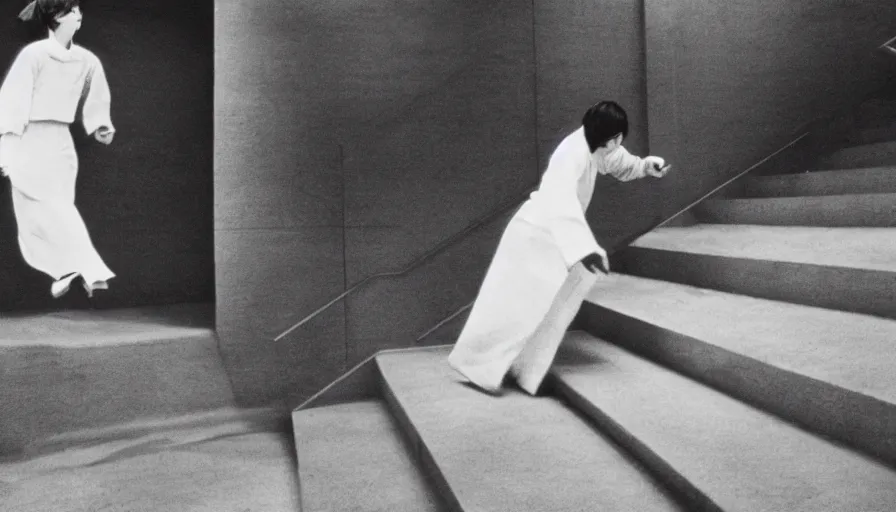 Image similar to 60s movie still of a white japanese female phantom running in infinite stairs, eastmancolor, heavy grain, high quality, higly detailed, liminal space