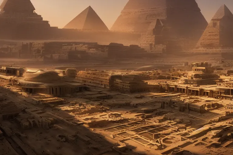 Image similar to futuristic oriental robotic egyptian city, matte painting, long shot, concept art, wide shot, digital art, trending on artstation, 4 k, extremely detailed, realistic, midday, warm colors, golden sunlight, by greg rutkowski, cinematic, epic