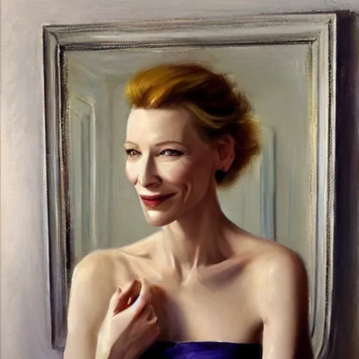 Image similar to cate blanchett in low-cut blouse in front of a mirror, painting by Vladimir Volegov