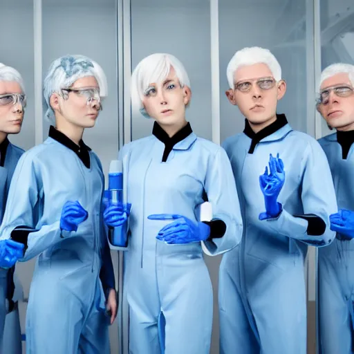 Image similar to sixtuplets, white hair, tight light blue neopren space uniforms, futuristic chemistry lab, sci - fi, highly detailed, cinematic