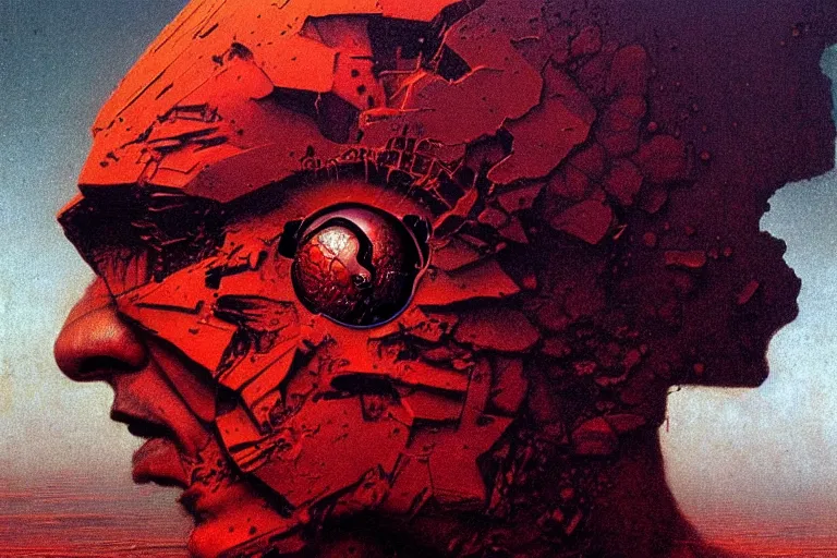 Image similar to head of a man falling apart, in the style of chris foss, in the style of beksinski, intricate and epic composition, red by caravaggio, insanely quality, highly detailed, masterpiece, purple light, artstation, 4 k