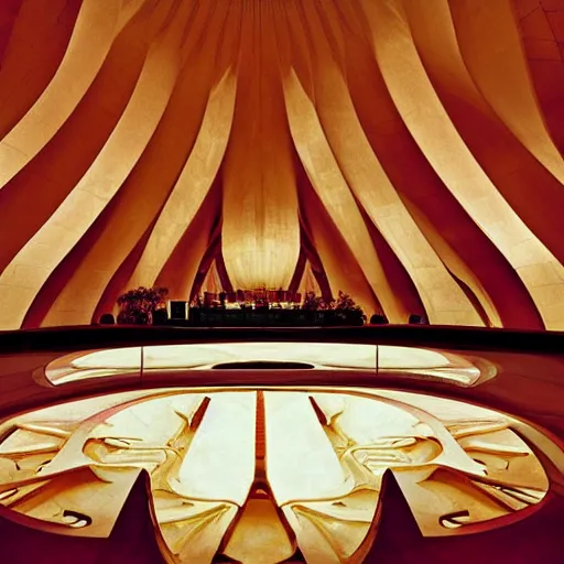 Image similar to interior of a futuristic lotus temple with gold, red and white marble panels, in the desert, by buckminster fuller and syd mead and zaha hadid, intricate contemporary architecture, photo journalism, photography, cinematic, national geographic photoshoot