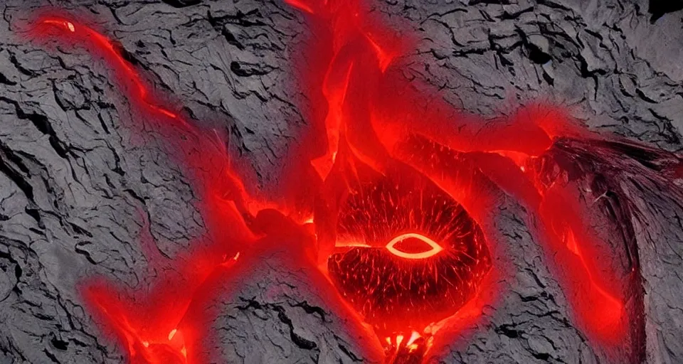 Image similar to a volcano made of ivory vines and crimson rocks enters in eruption, it spits a smoke in the shape of demonic eye, from Cryptid Academia