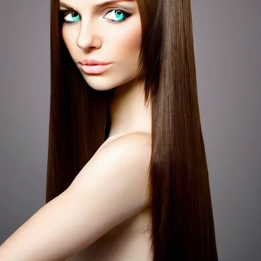 Prompt: add long straight hair to photo, very pretty model, heart shaped face, green eyes