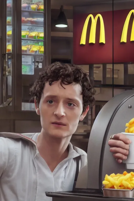 Prompt: film still of frodo working at mcdonalds in the new avengers movie, oil on canvas, intricate, 8 k highly professionally detailed, hdr, cgsociety