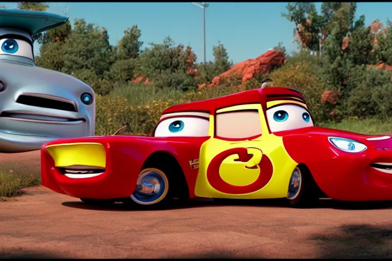 Prompt: car jesus christ chrysler as a car from cars 2, as a car from the movie pixar's cars 3, cinestill,