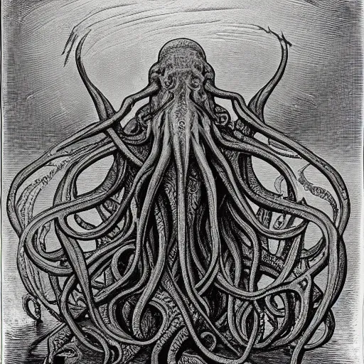Image similar to a portrait of cthulhu, illustration by Gustave Doré