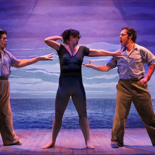 Image similar to award winning Production photo of Jaws the musical on broadway, dancing, singing, costumes by Julie Taymor, set design by Julie Taymor