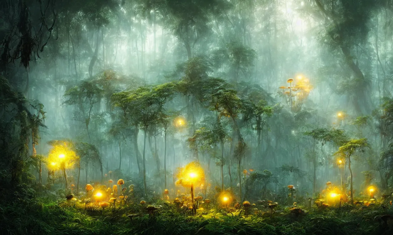 Prompt: glowing mushrooms in the jungle. andreas achenbach, artgerm, mikko lagerstedt, zack snyder, tokujin yoshioka