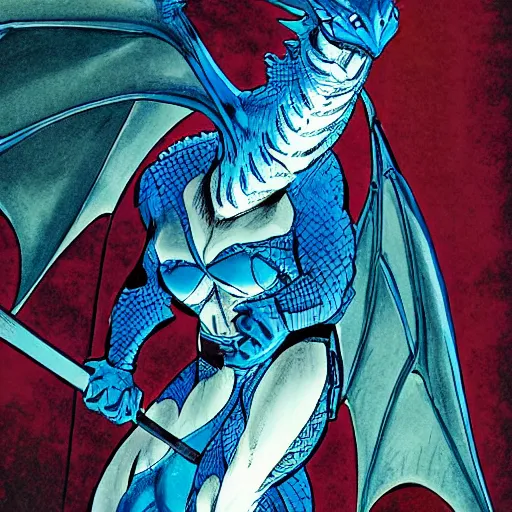 Prompt: A large azure dragoness atop a castle tower by Andy Kubert, highly detailed, in the style of Grant Morrison's batman
