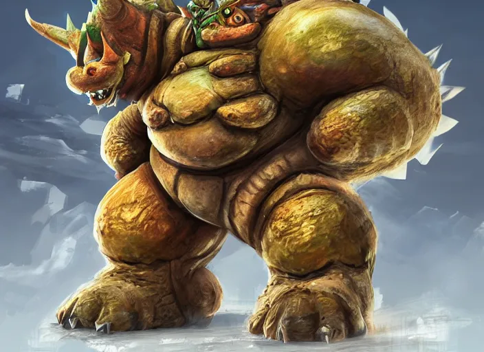 Image similar to detailed concept art of a huge giant bowser by cheng yi and luolin, artstation, artstationhd, detailed scales, bowser, bowser nintendo, turtle koopa ( ( mario ) ).