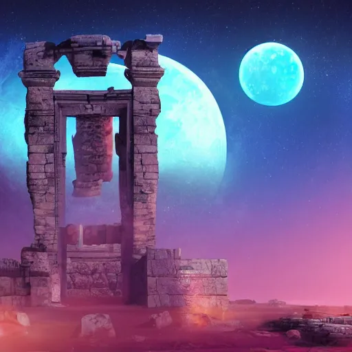 Image similar to ancient ruins in the moon, retrowave epic art, trending on art station