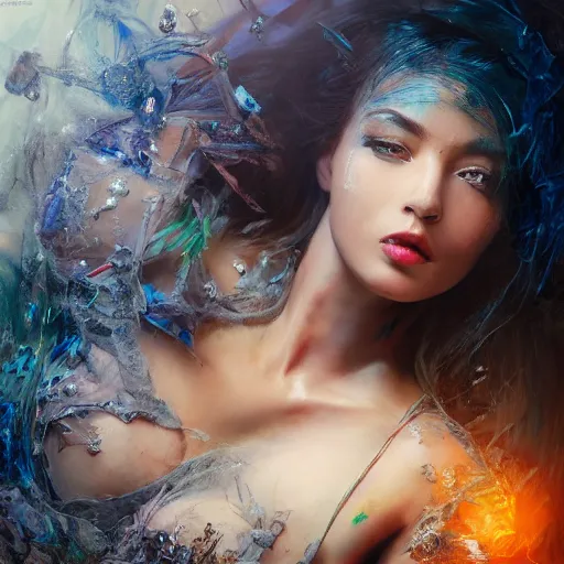 Image similar to full body pose, hyperrealistic mixed media painting of a beautiful seductive woman, dim volumetric lighting, 8 k, octane beautifully detailed render, extremely hyper detailed, intricate, epic composition, cinematic lighting, masterpiece, trending on artstation, very very detailed, masterpiece, stunning, hdr, smooth, sharp focus, high resolution, award, winning photo, dslr, 5 0 mm