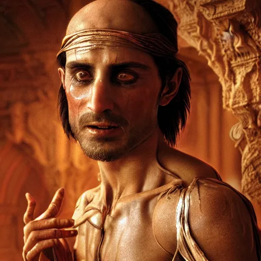 Prompt: The prince of Persia with translucent skin, visible muscles and veins and arteries and bones and spine and nerves, beautiful detailed intricate insanely detailed octane render, 8K artistic photography, photorealistic, chiaroscuro, by David Cronenberg, Raphael, Caravaggio