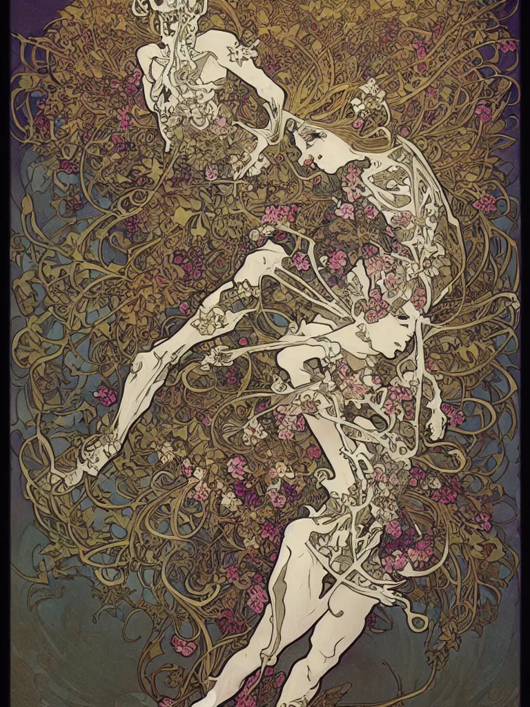 Image similar to a skeleton covered in flowers in a dynamic pose, art nouveau patterns, alphonse mucha, james jean, peter mohrbacher, highly detailed, soft lighting,