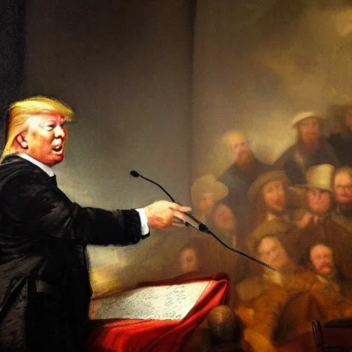 Prompt: Donald Trump holding a speech, painted by Rembrandt