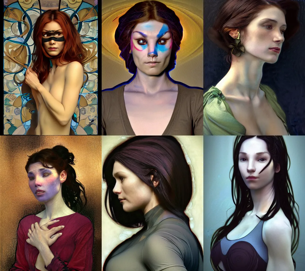 Prompt: portrait of a woman wearing a dark shirt, upper body 2d game avatar, default pose neutral expression, Donato Giancola, chiaroscuro lighting, vibrant expressive colours, shape language, Alphonse Mucha/Gustav Klimt style, alpha masked transparent flat grey background, 4k, volumetric lighting, French Nouveau, trending on artstation, octane render, hyperrealistic