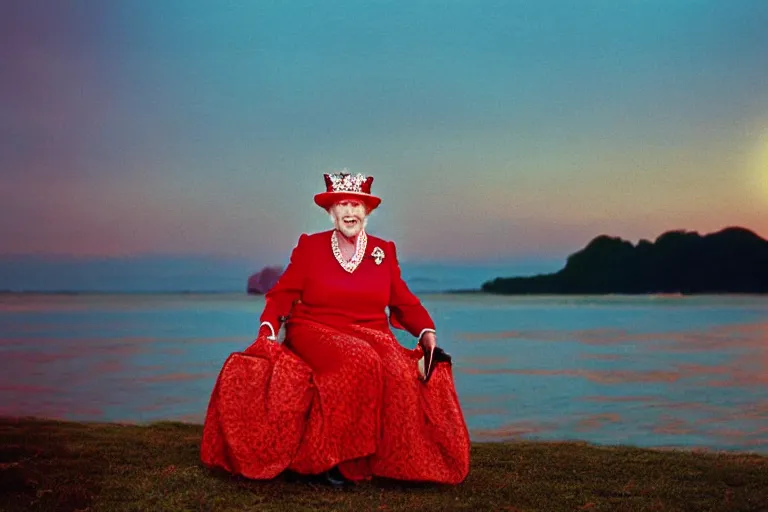 Image similar to the queen of england dressed like a crab, in 1 9 8 5, sunset view, royalcore, low - light photograph, photography by tyler mitchell