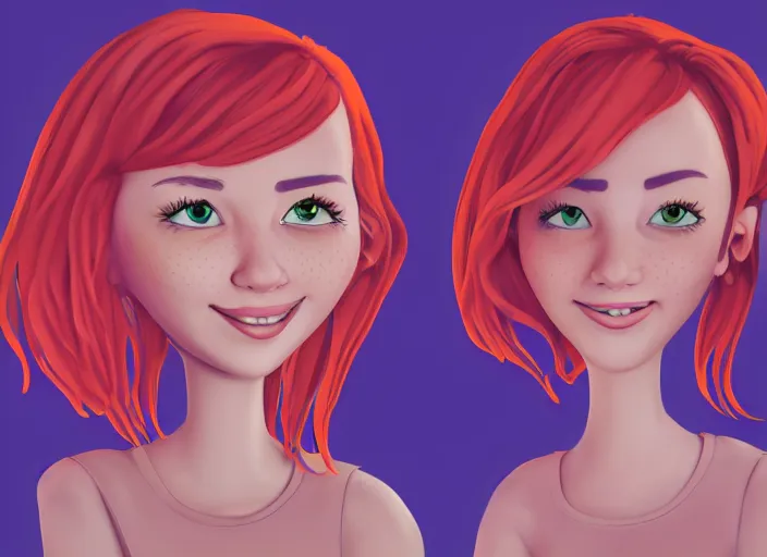 Image similar to portrait Girl with orange hair and freckles, purple background, cute-fine-face, pretty face, realistic shaded lighting by disney character style,