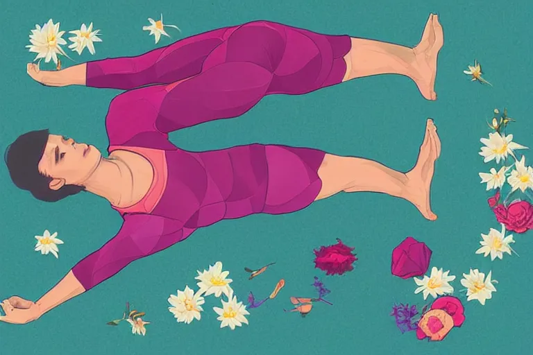 Image similar to a body doing yoga poses, top view, covered with flowers, art by Sachin Teng, beautiful lush colors