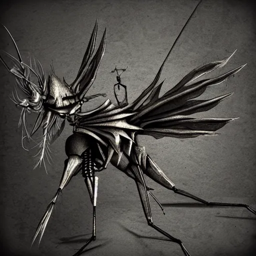 Image similar to A humanoid mosquito, reminiscent of a winged medieval knight. Castlevania style.