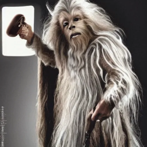 Image similar to gandalf as chewbacca, hair dryer commercial, hair dryer advertisement