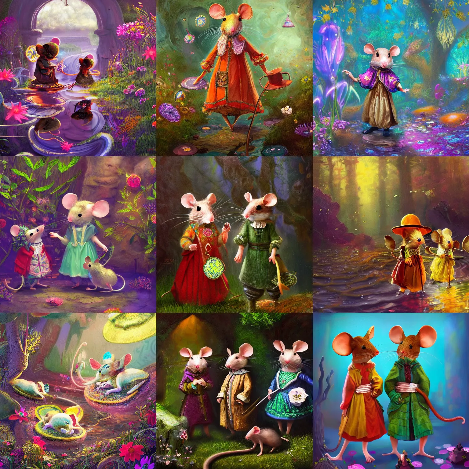 Prompt: mice dressed in 9 th century victorian clothes, full of color, psychedelic, unreal engine, shiny, bloom, dim light, aquatic light, oil painting by tom wilson