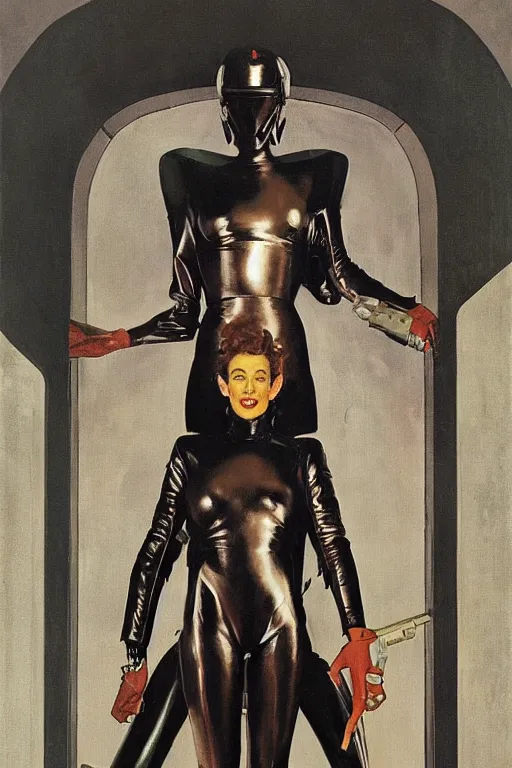 Image similar to 5 0 s pulp scifi fantasy illustration full body portrait slim mature woman in leather spacesuit in palace throne room, by norman rockwell, roberto ferri, daniel gerhartz, edd cartier, jack kirby, howard v brown, ruan jia, tom lovell, frank r paul, jacob collins, dean cornwell, astounding stories, amazing, fantasy, other worlds