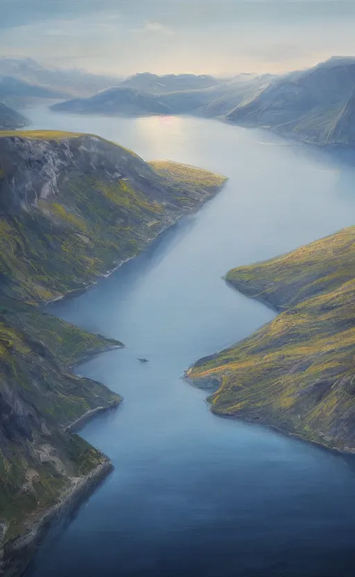 Image similar to nordic fjord, summer morning light, aerial view, cinematic light, soft illumination, cinematic composition, wide - angle, atmospheric, oil painting, trending on artstation