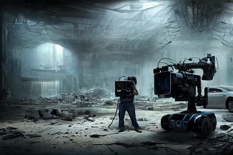 Prompt: vfx film, behind the scenes, on location, set design, m, making of, big film production, futuristic tesla robots, dilapidated war torn city, flat color profile low - key lighting award winning photography arri alexa cinematography, hyper real photorealistic cinematic, atmospheric cool colorgrade