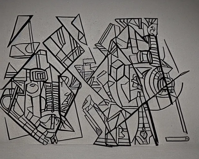 Prompt: minimalist abstract cubist sculpture of hills with random mecha mayan decorations