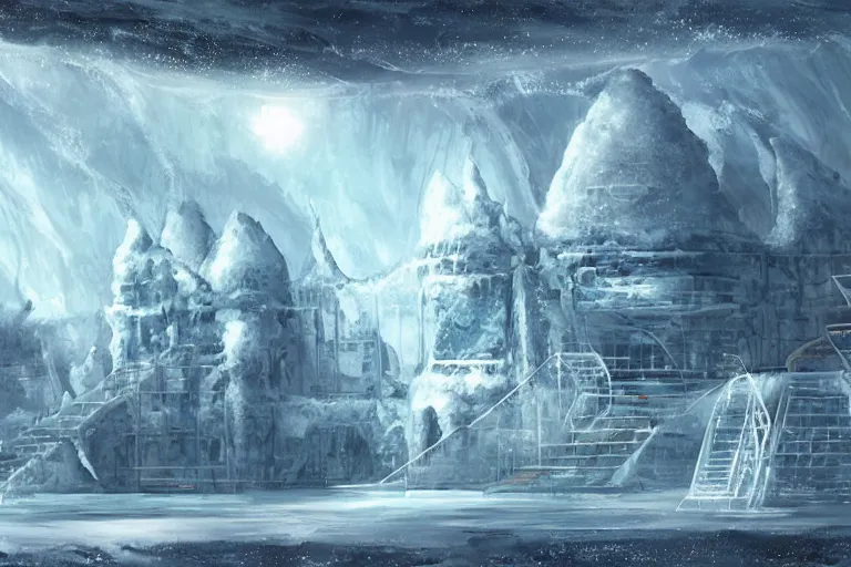 Image similar to “Alien ice palace architecture in frozen sea concept art painting by Das Eismeer”