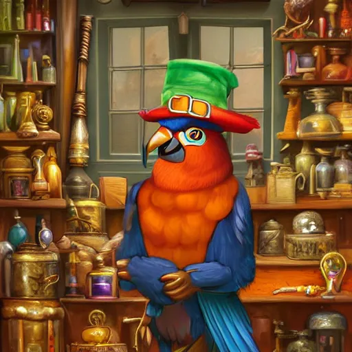 Image similar to Anthropomorphized parrot trader in his shop, wares, portrait, items, magic potions, carpet, window, fancy hat, sly expression , cunning expression, cute expression, presenting wares, D&D, fantasy, cinematic lighting, highly detailed, digital painting, artstation, concept art, smooth, sharp focus, illustration, warm light, cozy warm tint, magic the gathering artwork, volumetric lighting, 8k, art by Akihiko Yoshida, Greg Rutkowski