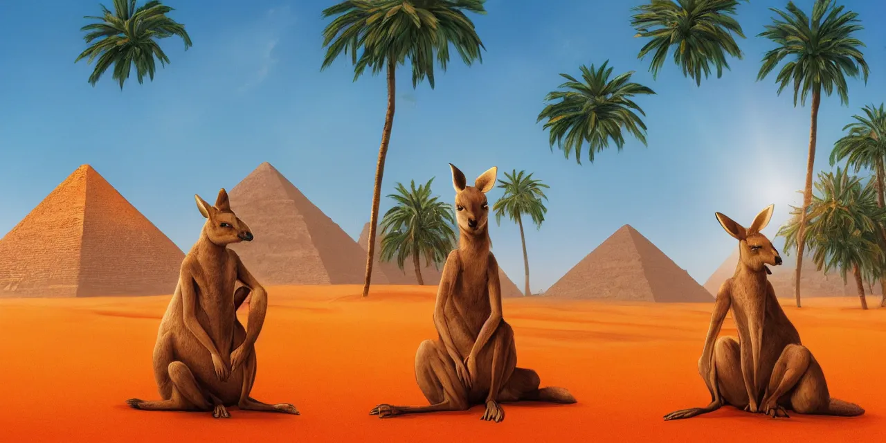 Image similar to a professional portrait, of an anthropomorphic kangaroo sitting outside of an ancient egyptian pyramid, tropical palm trees and eucalyptus trees everywhere, rocky desert cliffs in background, sunset, sunrays, cinematic lighting, ancient egyptian architecture buildings, detailed, artstation, omni magazine, orange sky,