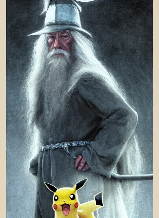 Prompt: Pikachu as Gandalf by Alan Lee, sunset, concept art, detailed clothing, art station, oil painting