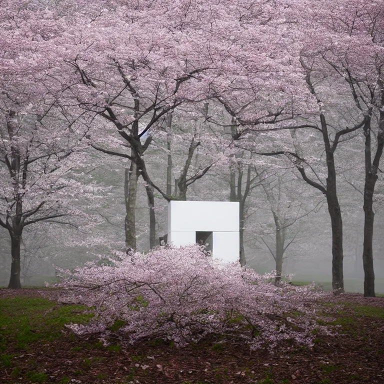 Image similar to a photograph of a white concrete cube sitting center frame in the middle of a cherry blossom forest, foggy, liminal